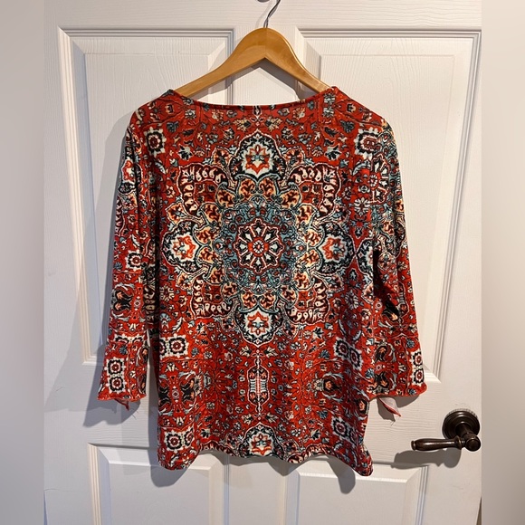 Amazon Boho Print Bell Sleeve Blouse | Rust Red & Teal Pattern | Size Large - Picture 3 of 3